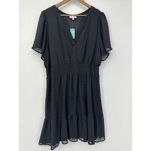 Black Tiered Smocked Babydoll Dress V-Neck Flutter Sleeve Boho Cottagecore Fairy